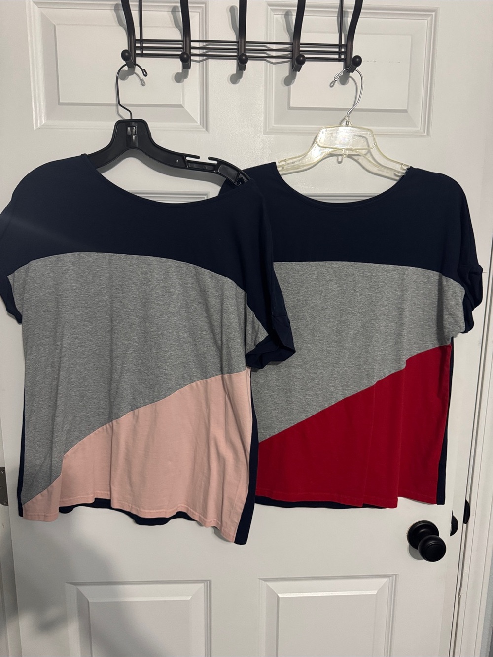 Colorblock Crew Neck Women’s Tops- Navy and Gray with Pink or Red Panels